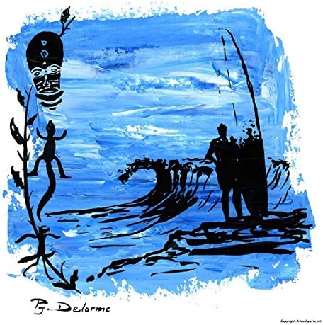 Surfer on the beach with the board, wave and tribal decor on giclee print