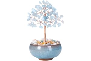 Jovivi 7 Chakra Albero della Vita Soprammobile Decorativo Bonsai Albero della Fortuna Pietre e Cristalli con Ciotola Ceramica Feng Shui Albero Artificiale Portafortuna Reiki Guarigione - Acquamarina