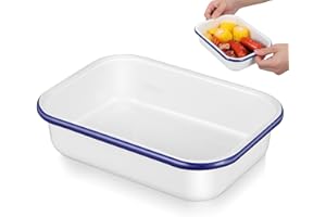 Doitool Roasting Tin Enamel Cookware Baking Pan Pie Dish Large Rectangular Serving Tray, Enamelware Oblong Bread Cake Pan, Lasagna Dishes, Enameled Steel Plate, Food Container, 22 * 16 * 5.5cm White