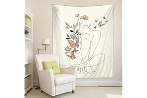 YISUMEI Abstract Woman Butterfly Fabric Wall Hanging Tapestry Minimalist Modern Flower Plant Mid Century Terracotta Aesthetic Portrait Beige Home Decor Art for Living Room Bedroom Dorm(M/130x150cm/51x60inch)