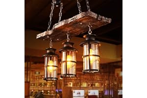 AUCF Lampa wisząca w stylu vintage, E27, industrialny, styl vintage, drewno, lampa wisząca, czarna, żelazo, szkło, abażur, lampa wisząca z regulacją wysokości, 3 płomienie oświetlenia, loft, jadalnia,