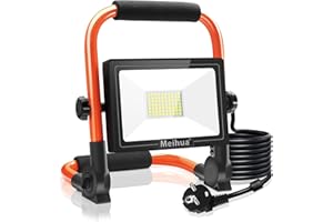 MEIHUA Reflektor budowlany LED 60 W, 5200 lm, 6500 K, IP66, wodoszczelny, przenośny reflektor budowlany 3,5 m, kabel 3,5 m, z wtyczką przełączającą, oświetlenie robocze do warsztatu, na plac budowy,