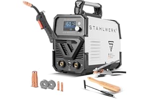 STAHLWERK Schweißgerät Mini FLUX 160 ST Digital – Fülldrahtschweißen (FLUX) ohne Schutzgas bis 160 A, kompakt, synergischer Drahtvorschub, integriertes LED-Licht, Lift-TIG- und MMA/ARC-Funktion