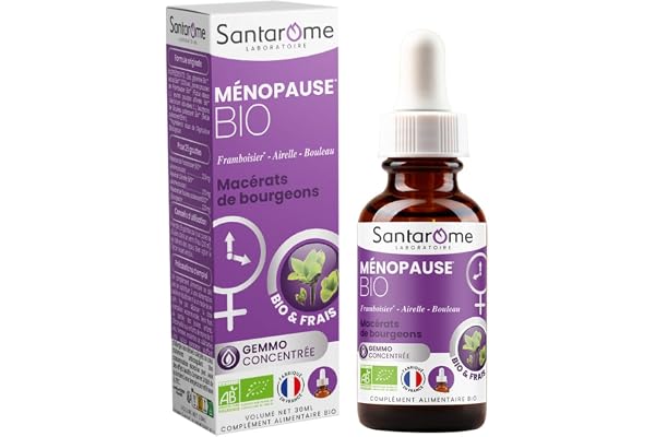 Santarome Bio - Ménopause Bio - Macérat de bourgeons - Complément Alimentaire Ménopause - Gémmothérapie - Framboisier, Airelle, Bouleau - Flacon 30 ml - France