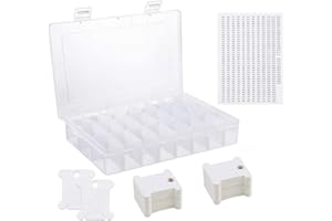 Happyupcity GJY68831 - Caja organizadora de hilo de bordado de 24 ranuras con 50 bobinas de hilo de plástico blanco y 552 calcomanías de números de hilo dental