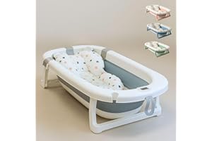 JOWY Bañera Bebé Plegable Portatil con Termómetro Integrado, Diseño Ergonómico, Cojín Antideslizante y Tapa de Seguridad (Gris pastel)