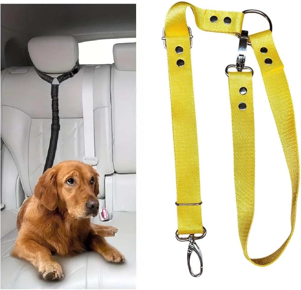 Araç İçi Köpek Emniyet Tasması, Ayarlanabilir Metal Kancalı (Sarı)