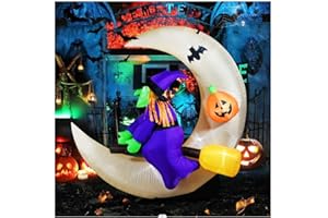 BEINHOME 5FT Tall Halloween Inflatables Witch Flying with Moon and Pumpkin, Halloween Decorations with Built-in LED Light, Giant Blow Ups Inflatables for Halloween Party Indoor Outdoor Yard Garden Lawn Decor