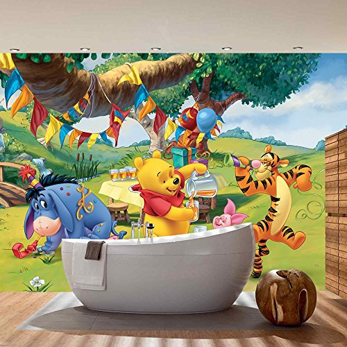 Vlies Fototapete PREMIUM PLUS Wand Foto Tapete Wand Bild Vliestapete – Kindertapete Cartoon Bär Tiger Esel Winnie Pooh Tigger Ferkel Ballon Geburtstag Baum Wiese – no. 922, Größe: 368 x 254 cm Vlies - 7