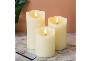 Eywamage Ivory Flameless Pillar Candles with Remote, Flickering Real Wax LED Battery Candles Set of 3