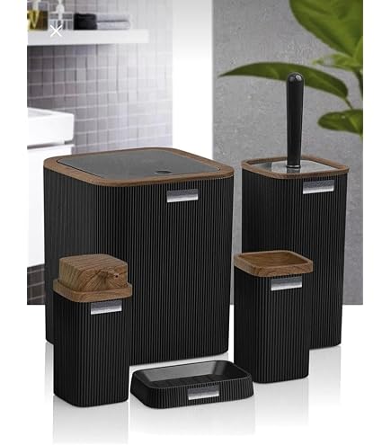 Badezimmer-Zubehör-Set 9-teilig Dunkelgrün – Mit Mülleimer, Seifenspender, Zahnbürstenhalter, WC-Bürste & Mehr
