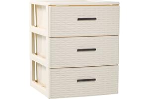 Acan Tradineur - Cajonera de ordenación Rattan de plástico - 3 cajones - Torre de almacenaje Multiusos, Organizador Auxiliar, Almacenamiento, baño - 46,5 x 36,5 x 36,5 cm - Color Marfil