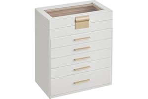 SONGMICS Caja de Joyas, Navidad, Caja Joyero con 6 Niveles, Estuche para Joyería con Tapa de Cristal, 5 Cajones, para Gafas de Sol, Joyas Grandes, Moderno, Blanco Nube y Dorado JBC171W01