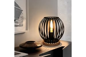 HHMTAKA Metal Cage LED Bedside Table Lamp Wooden Base Desk Lamp 19cm High Decorative Bedside Lamp with Edison Bulb for Bedroom Living Room Guest Room Weddings Parties Patio(Circle Shape)