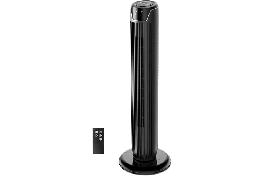 Midea FZ10-17JR Silent Tower Fan with Remote Control, 45W Portable Floor Fan, 90° Oscillation, LED Display, 3 Speeds and 3 Modes, 7H Timer, for Home and Office, 36", Black
