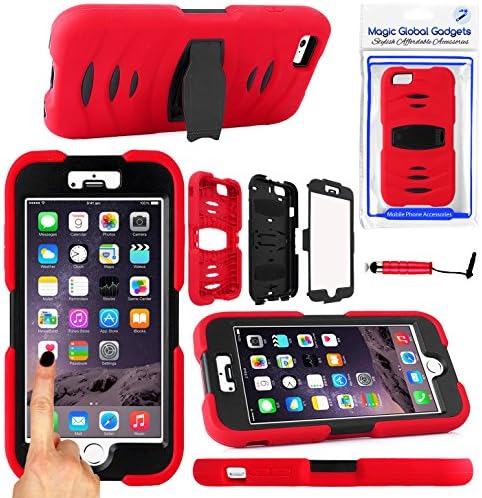 Magic Global Gadgets - Red Ultra Shockwave Military Extreme Dual Grade Case Cover For Apple iPhone 6 Plus (5.5 inch) 6G 6th Gen 6th Generation Shock Proof Tough Durable Rugged Builder Workman Style With Built In Screen Guard + Mini Stylus