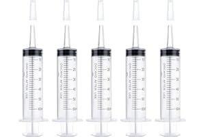 UPUPGO Pack of 5 Syringes 60 ml Colostrum Syringes, Plastic Syringes with Caps, Wind-Up Syringe Without Needle, Sterile Individual Packaging for Scientific Labs, Feeding Pets (5 x 60 ml)