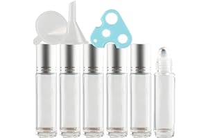 TIANZD 6 Pezzi 10ml Rotolo Trasparente su Bottiglia a Rullo Flacone con Coperchio Argento per Olio Essenziale in Vetro per Oli Essenziali Bottiglie in Vetro con 1x Apri, 1x Imbuto