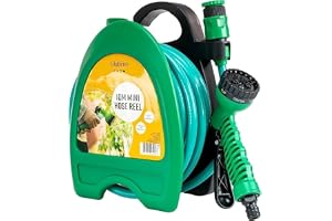 GloBrite Mini Hose Reel with 10m / 32ft Garden Hose Pipe Spray Gun & Adjustable Nozzle, Wall Mountable, Compact and Portable 
