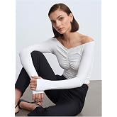 DILVIN Omuzları A&ccedil;ık B&uuml;zg&uuml;l&uuml; Crop Top Kadın Uzun Kollu Fitted V Yaka Bluz