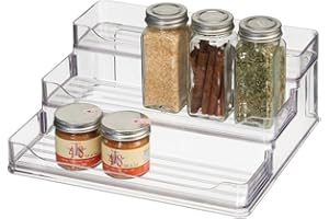 mDesign Organizador de Especias – Prácticos estantes especieros de plástico con 3 Niveles – Organizador de armarios para Guardar Las Especias y Otros Alimentos empaquetados – Transparente