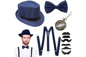 JORAKI Années 1920 Hommes Déguisements Accessoires Flapper Gangster Ensemble Great Gatsby Costume Kit Année 20 avec Chapeau Trilby Moustache Élastique Bretelles Homme Montre de Poche