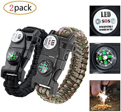 YOUTU 2 Packs Survival Bracelet, 20 in 1 Paracord Bracelets - Survival Gear 550lb Paracord Bracelet Outdoors Survival With Compass Fire Starter And Whistle SOS LED Emergency Survival Kit