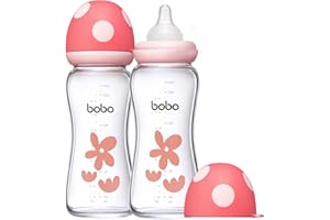 YOHKOH Natural Response Wide Mouth Glass Baby Bottle, Anti-Colic Baby Glass Bottles with Ultra Soft Silicone Teat, for Newborn Babies from 1 Month (Red, 260 ml (Pack of 2))