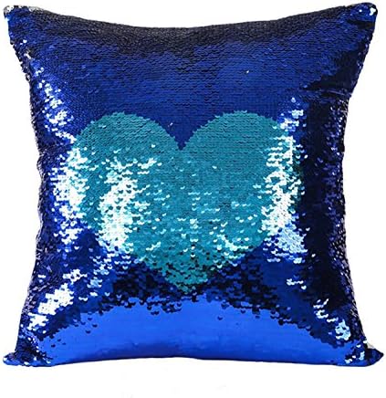 Livedeal 16inch Double Color Sequin Throw Pillow Case DIY Home Decoration BlueHeart