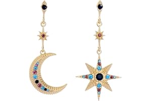 HMOOY Bohème Lune Étoile Asymétrique Boucles D'oreilles Créoles Cristal Lune Et Soleil Goutte Boucles D'oreilles Longues Rétro Exquis Style Punk Accessoires Bijoux Pour Femmes Filles