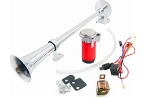 YIYIDA Bocina de coche Car Horn Bocina de aire 150DB Air Horn Bocina 45cm Cromado Zinc Trompeta única Bocina roja con bomba de aire Compresor Bocina de camión para 24V Camión Coche Tren Barco ect