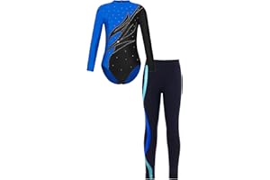 JanJean Kinder Mädchen Gymnastikanzug Langarm Turnanzug Ballettanzug mit Leggings Sport Hose Strass Tanzbody Gllitzer Turnbody Trainingsanzug