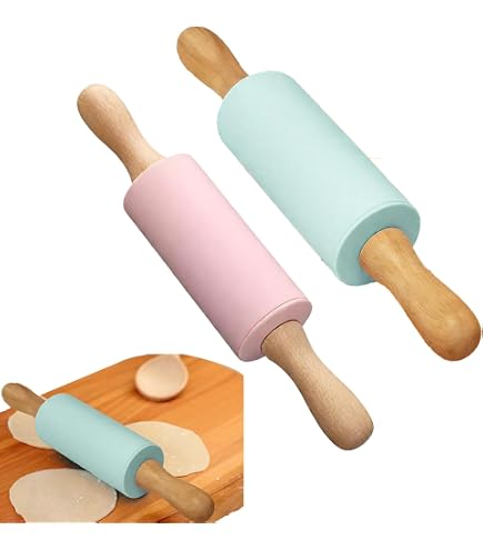 GDJIAJT 2 mattarelli in silicone con manico in legno, 23 x 4,2 cm, mattarello in silicone, superficie antiaderente per bambini, mattarello per bambini, per cuocere torte, pizza, fondente