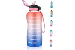 MYFOREST Bouteille d'eau motivante de 2,2 L avec paille, couvercle à rabat étanche, marqueurs de temps et sans BPA - Pour sport, cyclisme, course à pied - Rose et bleu