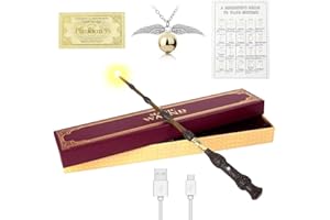Lotvic Dumbledore Zauberstab mit Licht, Elderstab Harry, USB Aufladung Zauberstab Dumbledore mit Zauberspruch-Karte, Stationsticket und Halskette für Cosplay, Karneval, Halloween