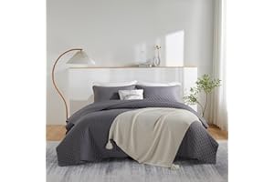 JUNCAI Bedspread Grey King Size Bed, Soft Lightweight Summer Microfiber Coverless Duvet for All Season, 3 Piece Bedspread with Pillow Shams (1 Quilt, 2 Pillow Shams)