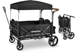 WONDERFOLD X4 Push & Pull Quad Stroller Wagon (4 Seater) Featuring Seats with 5-Point Harnesses, Adjustable Push Handle, and Adjustable/Removable UV-Protection Canopy, Black