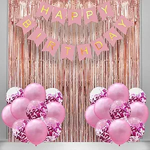 Rozi Decoration Happy Birthday Combo Includes Banner, Curtains, Metallic & Confetti Balloon Pink & Rose Gold Theme For Kids Adults Birthday Pack of 23 Piece