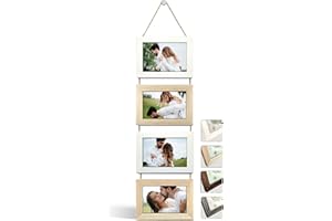 NEOWS Portafotos Múltiple Decorativo para Colgar en Pared - Marcos de Fotos Multiples de Madera Con Cuerda - Collage Portarretratos Colgante - Fotos 10x15 cm (Blanco y Roble, 4 Fotos Horizontal)