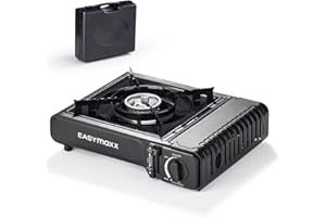 EASYmaxx, Estufa de gas portátil, compacta con estuche de transporte, estufa de exterior de ajuste continuo con encendido piezoeléctrico automático, ideal para el camping