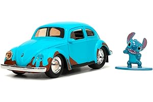 Jada Toys 253073001 Disney Volkswagen Beetle Stitch i figurka, kolekcjonerski metalowy pojazd z filmu, otwierane drzwi, skala 1:32