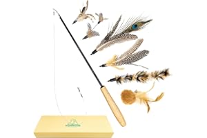 Pawfect Family® Interactive Cat Teaser Toy Set with Wooden Wand handle and 6 Feather-Plush Attachments - Extendable und Retractable fishing rod Stick for Cats