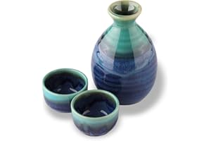 Product of Gifu Japan Ensemble de saké Japonais Traditionnel Mino Ware en céramique, Bouteille de saké Tokkuri et 2 Tasses à saké Ochoko Guinomi Marin Seiryu, fabriqué au Japon