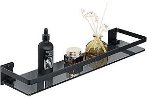 SAYAYO Bathroom Shelf Tempered Black Glass Shelf Wall Mounted with SUS304 Stainless Steel Rail, Shower Storage Shelves 20-Inch/ 50CM Length, EGDL1001-50-B
