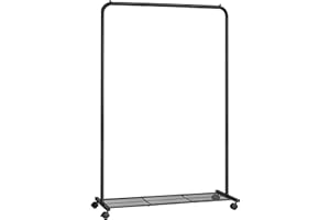 SONGMICS Kleiderständer, Kleiderstange auf Rollen, Garderobenständer Metall, Rollgarderobe 91 cm breit, mit Ablage, 2 Rollen mit Bremse, Stange bis 40 kg belastbar, schwarz HSR25BK
