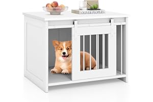 COSTWAY Klatka dla psa meble, klatka dla psa do domu, buda dla psa z drzwiami przesuwnymi, klatka dla zwierząt domowych z metalu i drewna, stolik pomocniczy nowoczesny, do wnętrz, dla małych i