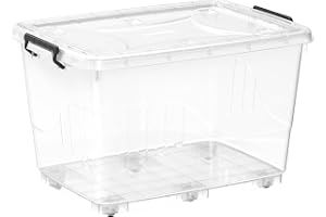 Cosmoplast 82L Clear Plastic Storage Box With Wheels & Lockable Lid, Transparent