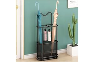 SINBINTA Schirmständer aus Metall, freistehend, mit Haken und Abtropfschale, Gehstock-Halter, Regenschirm-Organizer für Flur, Eingangsbereich (schwarz)