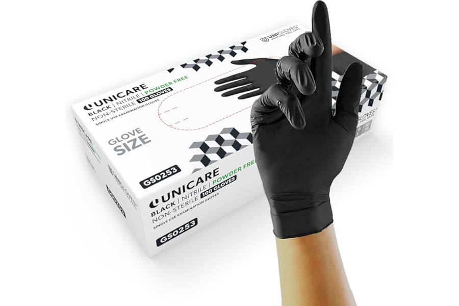 Unigloves Unicare Nitrile Examination Disposable Gloves - Multipurpose, Powder Free, Medical Gloves - Box of 100 Gloves, Black, Medium (GS0253)