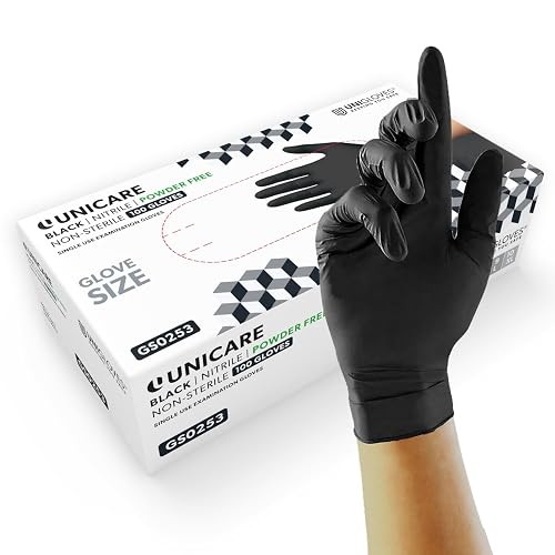 Unigloves Unicare Nitrile Examination Disposable Gloves - Multipurpose, Powder Free, Medical Gloves - Box of 100 Gloves, Black, Medium (GS0253)